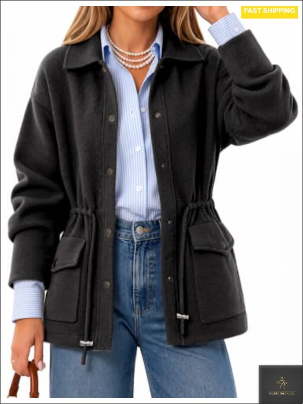 Collared Knit Cardigan Sweater Jacket with Drawstring Waist